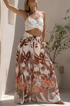 Leaf Print Casual Elastic Waist Pocket Loose Wide-leg Pants