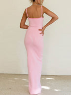 Retro Plaid Pink Suspender Slim Knitted Maxi Dress