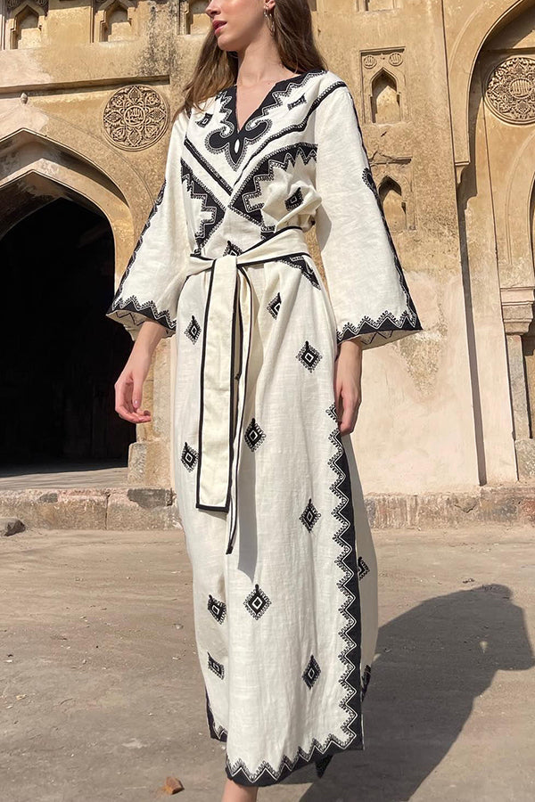 Ethnic Print V-Neck Three Quarter Sleeve Tie Waist Maxi Dress