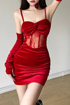 Velvet Sweetheart Twisted Knot Lace Corset Panel Cut Out Mini Dress