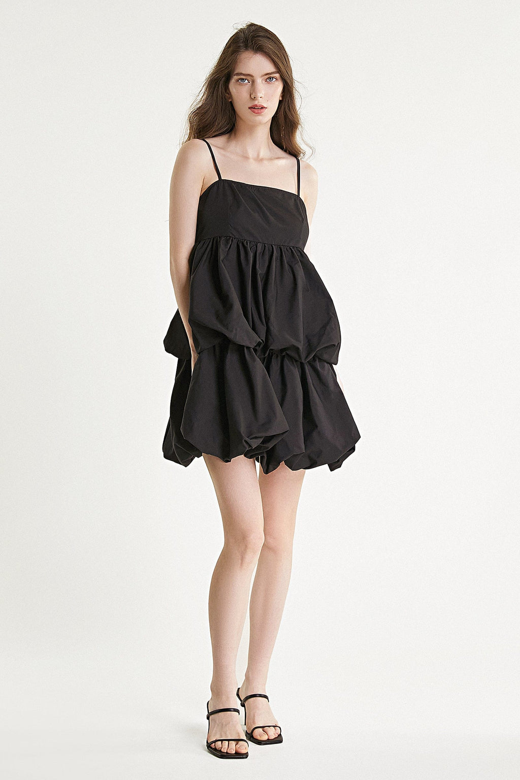 Spaghetti Strap Square Neck Tiered Bubble Hem Empire Waist Mini Dress