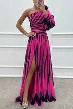 Geometric Stripe Print One Shoulder Lantern Sleeve Pleated High Split Maxi Gown