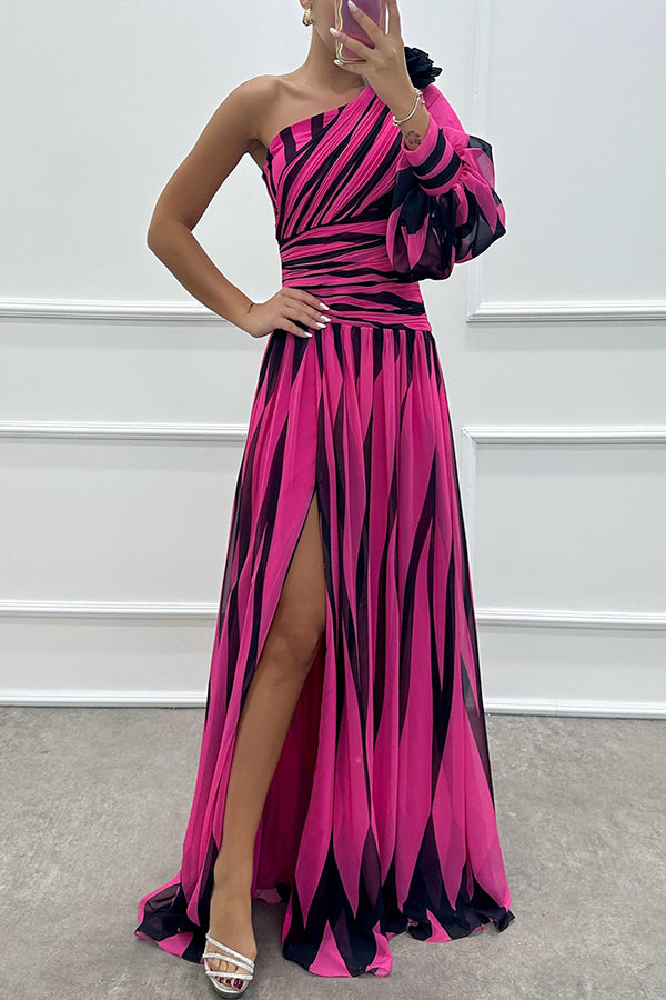 Geometric Stripe Print One Shoulder Lantern Sleeve Pleated High Split Maxi Gown