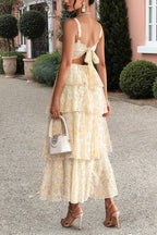 Square Neck Ruched Bust Toile Floral Print Tiered Maxi Dress