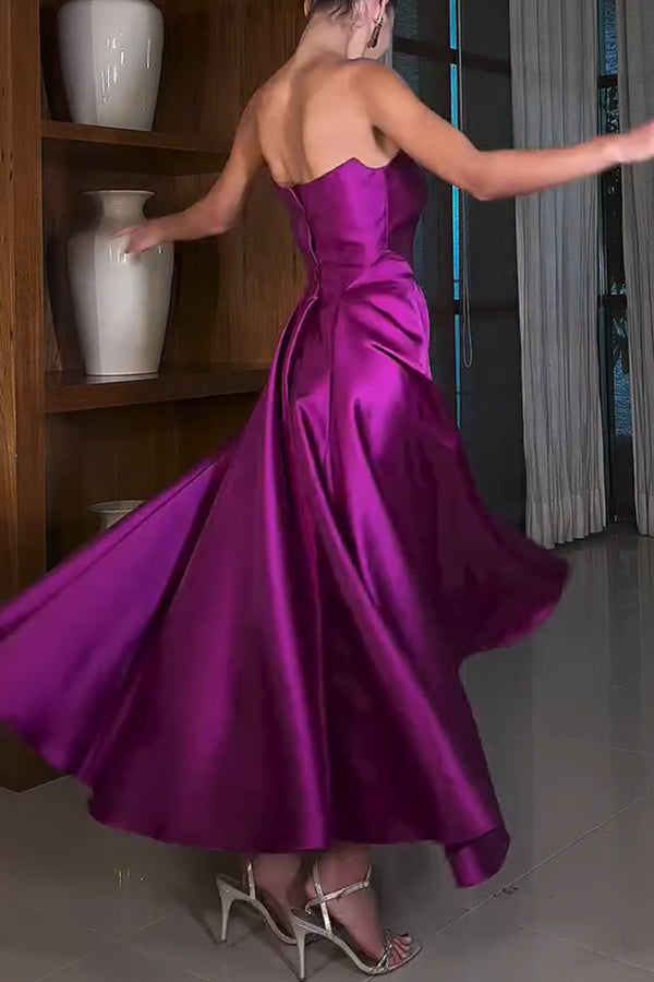 Strapless Satin Ball Gown Floor Length A-Line Maxi Dress