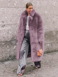 Faux Fur Coat With Notched Lapel Solid Color Eco-friendly Winter Long Jacket For Women 2026
