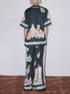 Satin Unique Fun Print Pocket Wide-Leg Pants