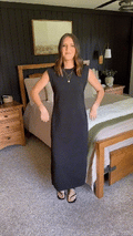 Padded Shoulder Crew Neck Ribbed Column Ankle Length Maxi Dress