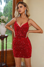 Deep V-Neck Spaghetti Strap Sequin Bodycon Mini Dress