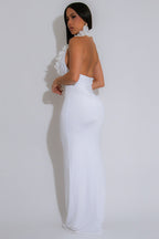 White Backless Halter Floral Bodycon Dress