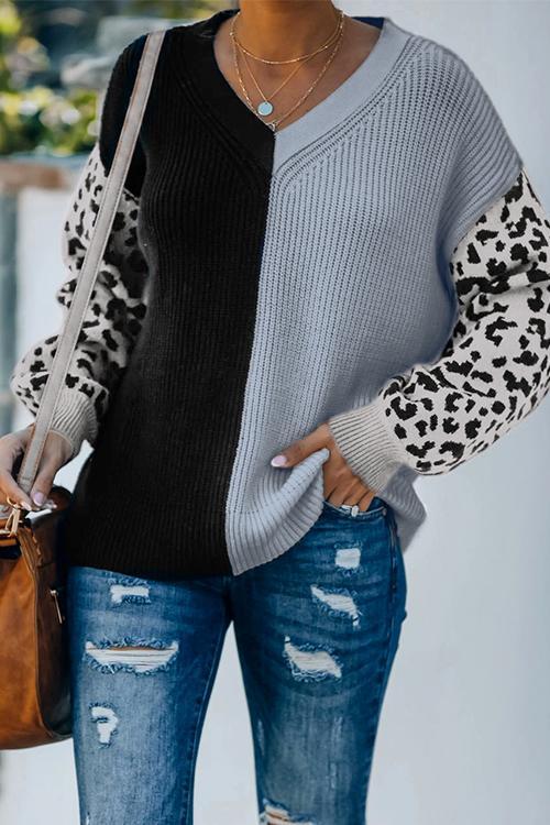 V Neck Leopard Splice Color Block Cozy Sweater
