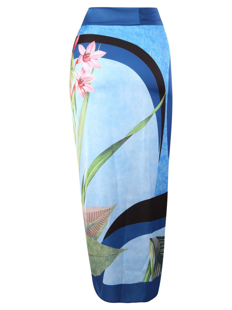 One-piece Swimsuit With Cross-over Print, Revealing Backpack And Hip-revealing Long Skirt (two-piece Set)
