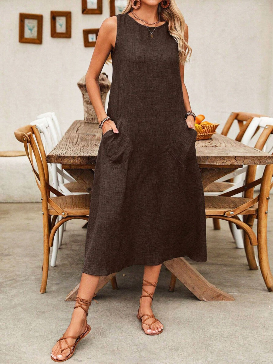 Pullover Crew Neck Sleeveless Pocket Solid Color Midi Dresses