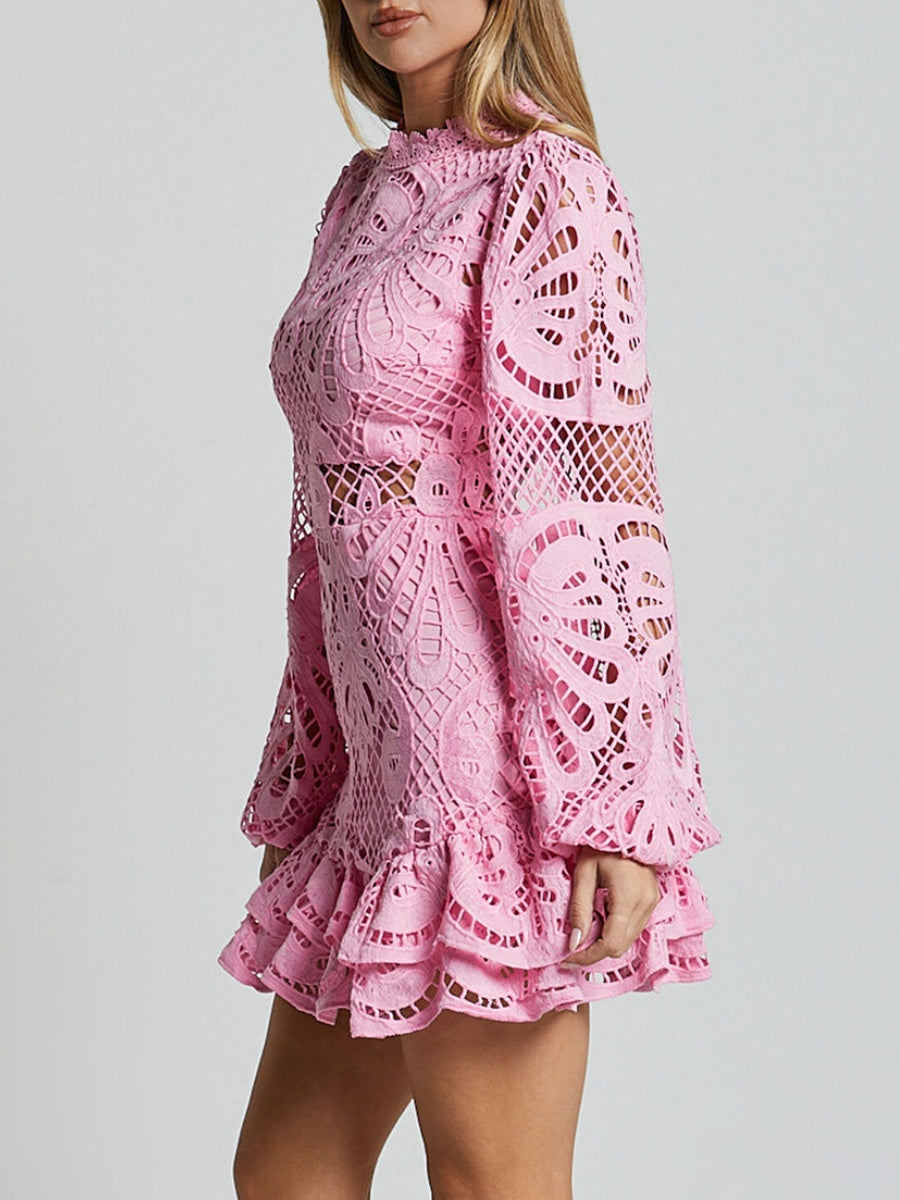 Lantern-style Long-sleeved, Fitted A-line Dress With Ruffled Hem And Water-soluble Lace.