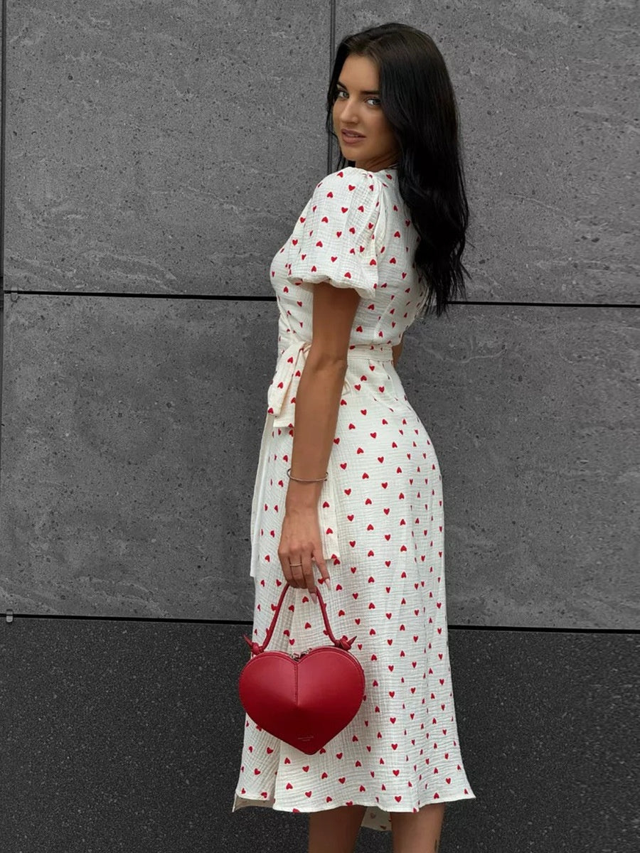 Pure Cotton Bandage Wrap-up Puff Sleeve Printed Comfort Maxi Dresses