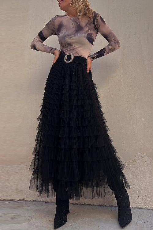 Ruffle Layered Mesh A-line Maxi Skirt