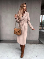 Solid Color Lapel Long Sleeve Woolen Simple Tie Coats