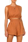 Solid Crop Tank Top Elastic Waist Wide Leg Shorts Set