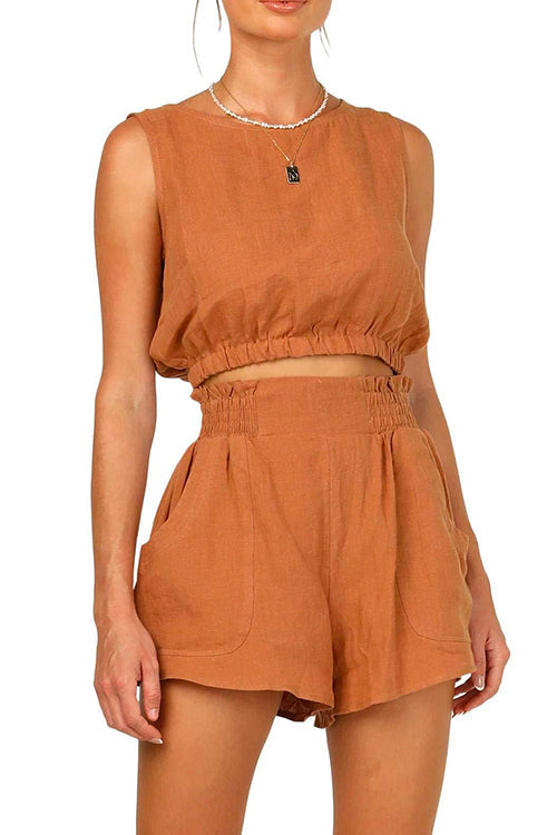 Solid Crop Tank Top Elastic Waist Wide Leg Shorts Set