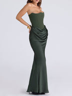 Satin Belted Strapless Off-the-shoulder Fishbone Pleated Long Bodycon Dress