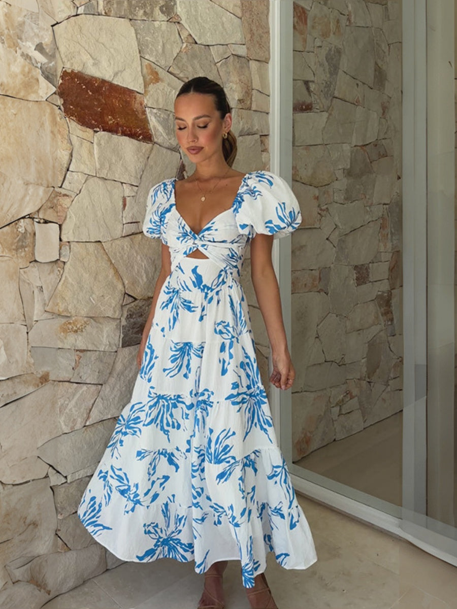 Printed Puff Sleeve Sweetheart Collar Vacation Maxi Dresses