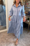 Collared Button Front Tiered Elastic Cuff Long Sleeve Midi Shirt Dress