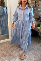 Collared Button Front Tiered Elastic Cuff Long Sleeve Midi Shirt Dress
