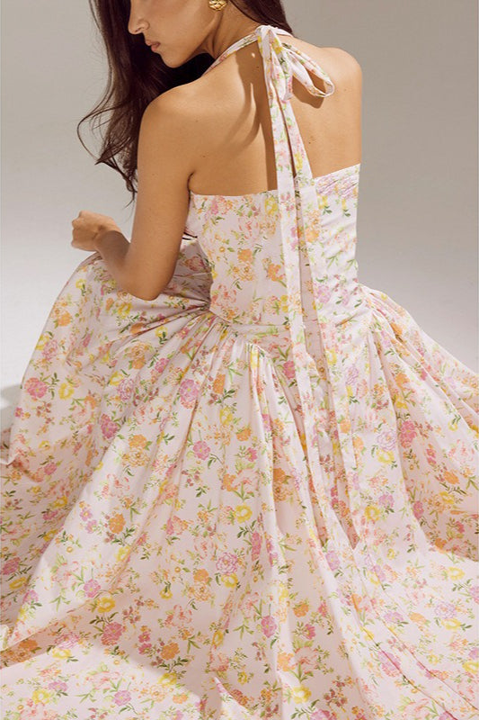 Floral Halter Neck Corset Sweetheart Lace Trim A-Line Midi Dress