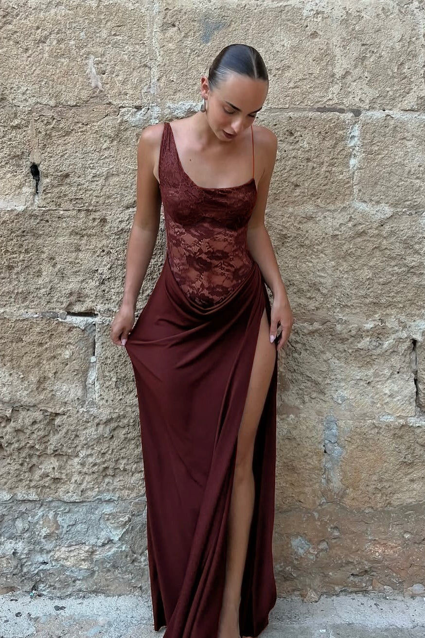 Lace Spaghetti Strap Corset Wrap Drape Panel Maxi Dress