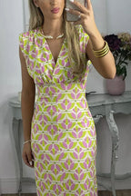 Geometric Print Padded Shoulder Center Slit Column Midi Dress