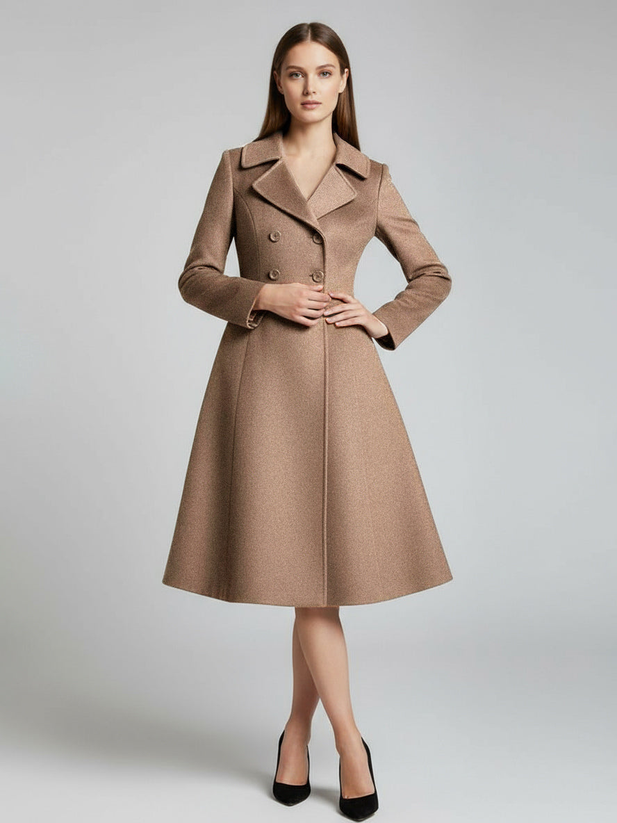 Double-Breasted Wool Blend Midi Coat With Flared A-Line Silhouette For Women 2026