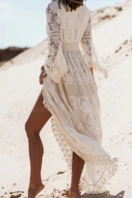 Lace Deep V-Neck Seashell Tassel Long Bell Sleeve Panel High Split Maxi Dress