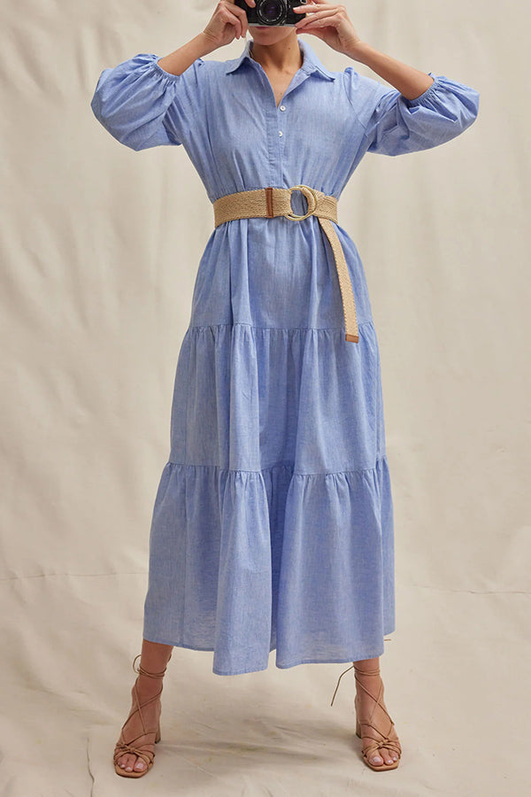 Collared Button Front Tiered Elastic Cuff Long Sleeve Midi Shirt Dress