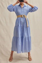 Collared Button Front Tiered Elastic Cuff Long Sleeve Midi Shirt Dress