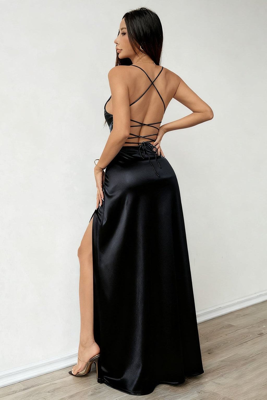 Satin Wrap V-Neck Spaghetti Strap High Split Maxi Dress