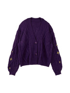 Star Embroidered Print Cable Knit V Neck Cardigan