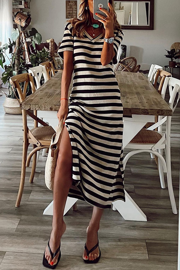 Stripe V Neck Short Sleeve Side Slit Maxi Dress