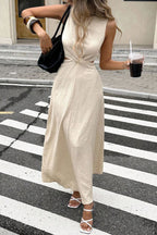 Solid Color Round Neck Sleeveless Hollowed-out Waist Knot Casual Maxi Dress