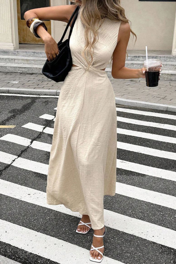 Solid Color Round Neck Sleeveless Hollowed-out Waist Knot Casual Maxi Dress