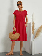 Short Sleeves Midi Shift Dress for Women - Minimalist Solid Color Loose T-shirt Dress with Pockets - Summer Daily Casual 2026