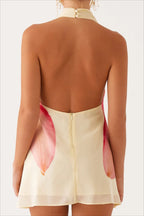 Floral Print Halter Neck Cowl Neck Backless Mini Dress
