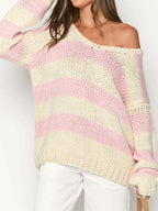 Off The Shoulder Striped Print Oversized Sweaters