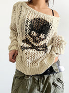 Cutout Skull Print Twist Design Knit Loose Sweater