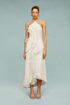 Pleated Halter Neck Ruffle Trim High-Low Maxi Gown