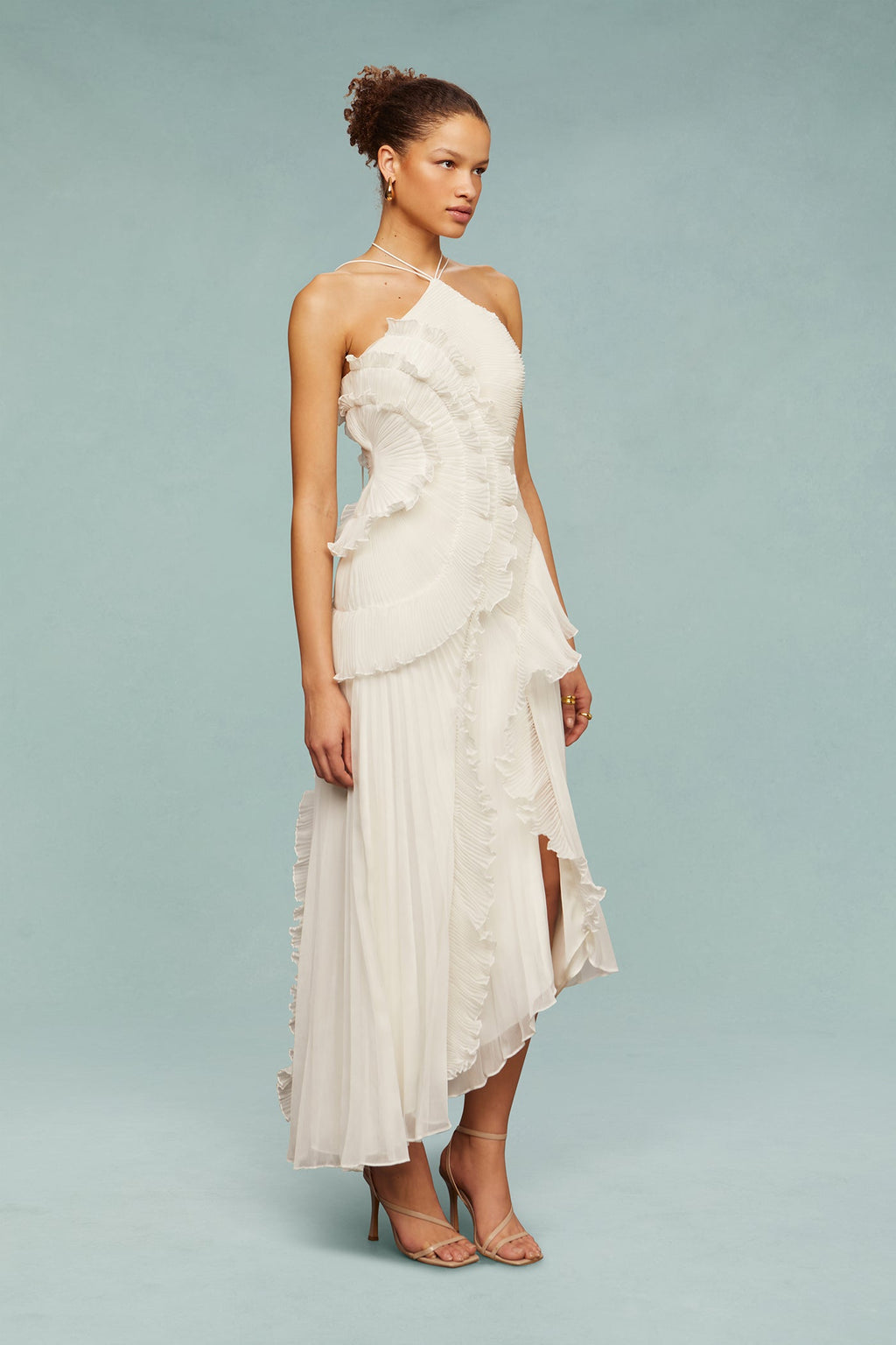 Pleated Halter Neck Ruffle Trim High-Low Maxi Gown