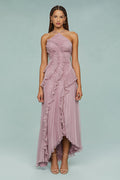 Pleated Halter Neck Ruffle Trim High-Low Maxi Gown