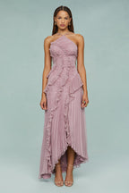 Pleated Halter Neck Ruffle Trim High-Low Maxi Gown
