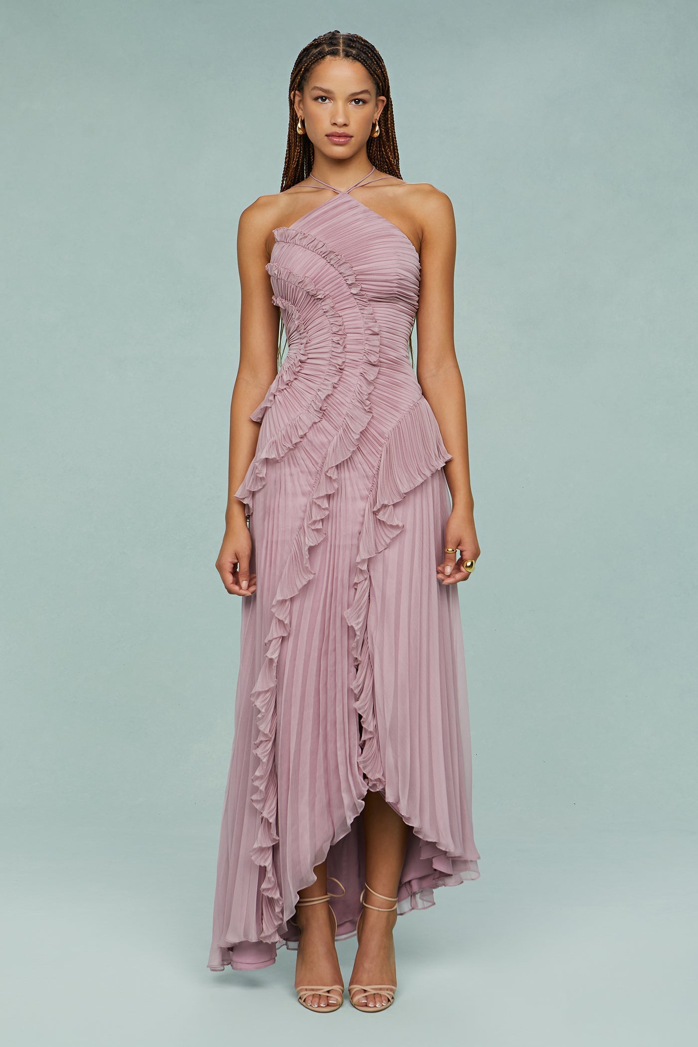 Pleated Halter Neck Ruffle Trim High-Low Maxi Gown
