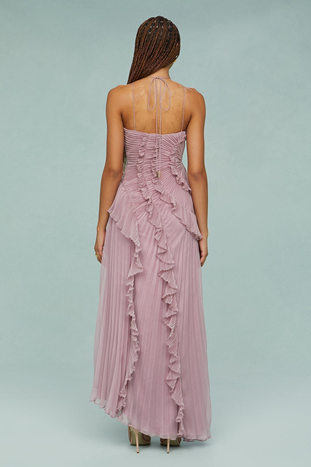 Pleated Halter Neck Ruffle Trim High-Low Maxi Gown