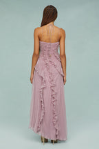 Pleated Halter Neck Ruffle Trim High-Low Maxi Gown